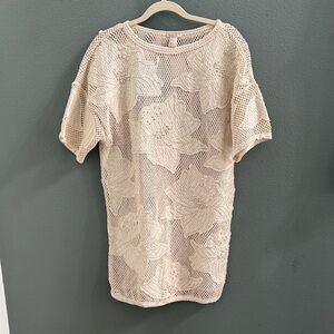 NWT Women’s Sz 8 Beige Crochet Floral Cover Up Mini Dress 100% Cotton